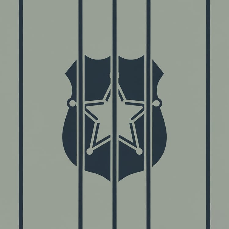 A silhouette of a navy police badge behind navy bars against an olive green background.