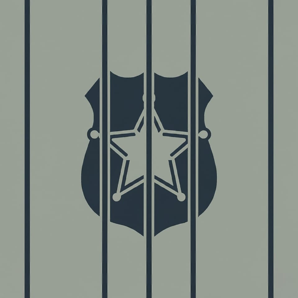 A silhouette of a navy police badge behind navy bars against an olive green background.